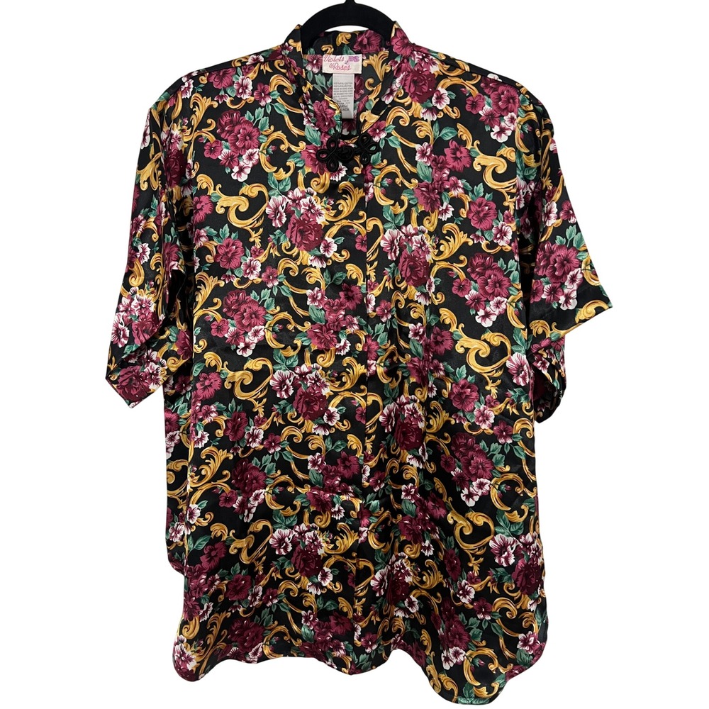 Violets & Roses Floral Shirt Large Vintage Style Baroque Frog Knot Black Silky
